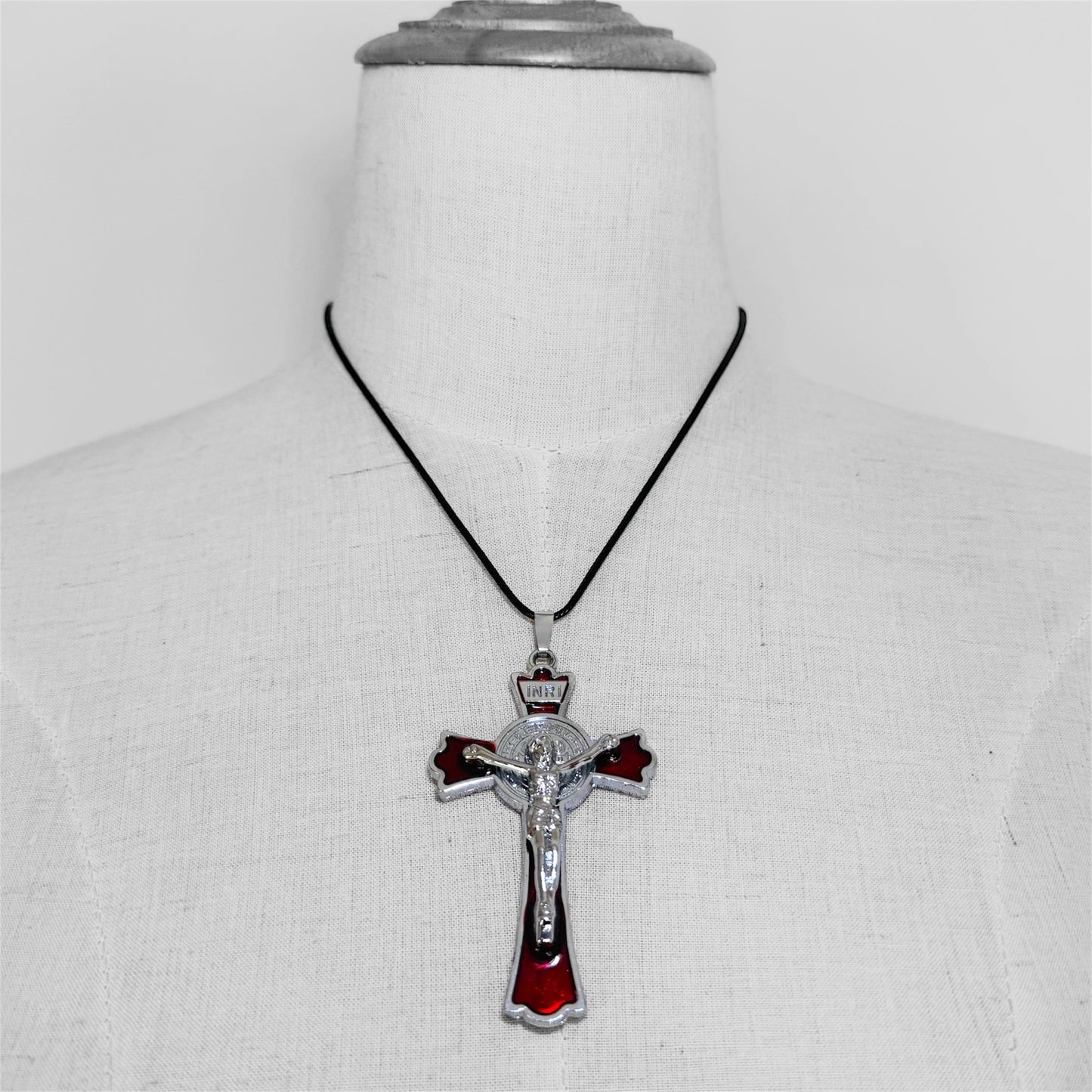 St Benedict Crucifix Silver Plated Necklace with Red Enamel