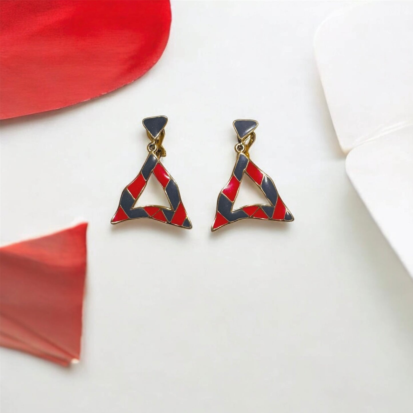 Wavy Red & Grey Triangle Enamel Clip On Earrings