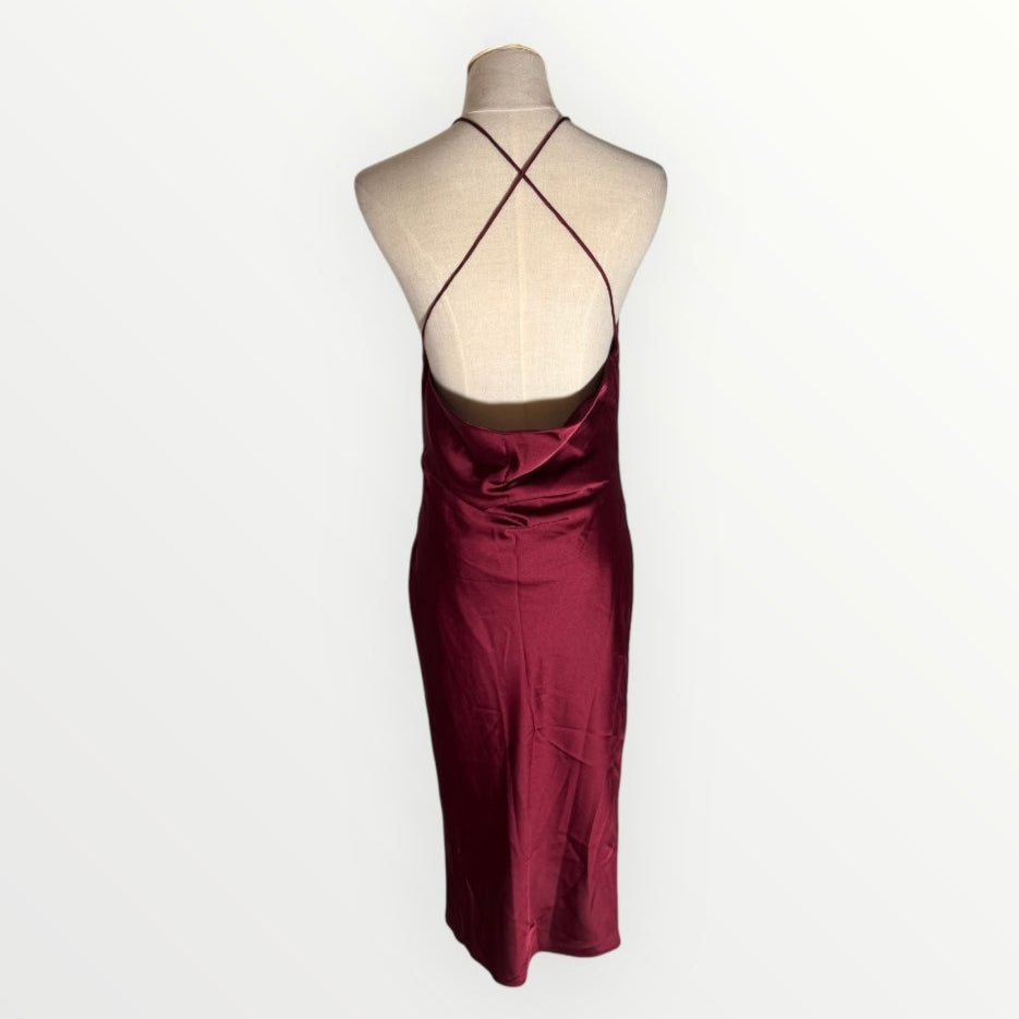 Morrisday Satin Strappy Midi Dress in Burgundy