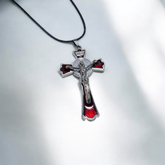 St Benedict Crucifix Silver Plated Necklace with Red Enamel