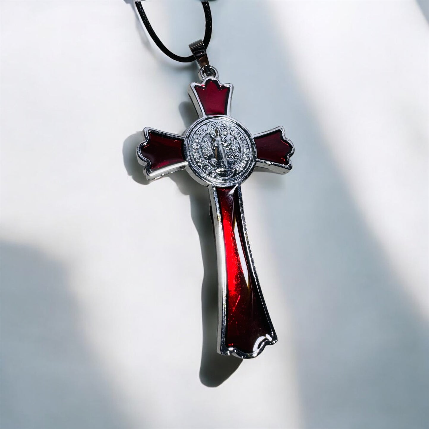 St Benedict Crucifix Silver Plated Necklace with Red Enamel