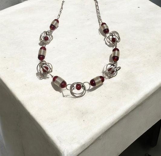 Red Glass Bead Hooped Necklace