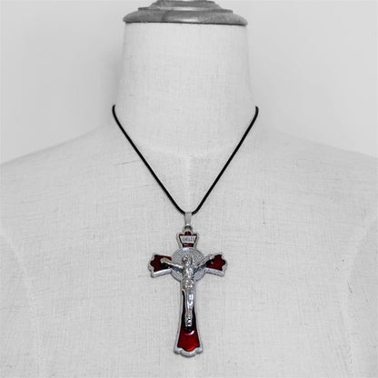 St Benedict Crucifix Silver Plated Necklace with Red Enamel