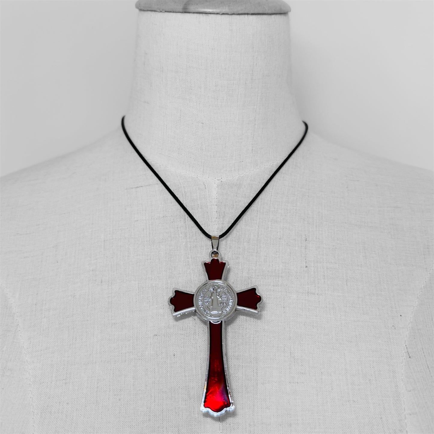 St Benedict Crucifix Silver Plated Necklace with Red Enamel