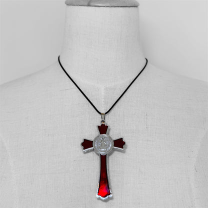 St Benedict Crucifix Silver Plated Necklace with Red Enamel