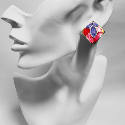 Vintage Color Block Clip On Earrings