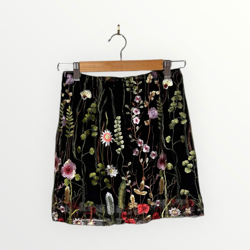 Morrisday Black Sheer Floral Embroidered Skirt